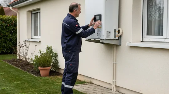 Chauffagiste professionnel inspectant une pompe à chaleur sur façade de maison à Cholet