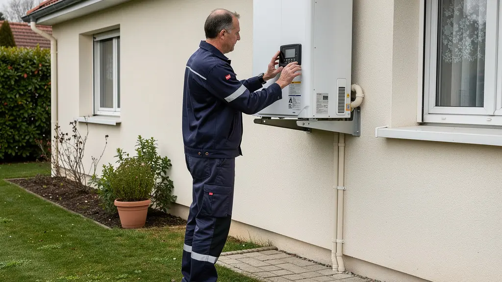 Chauffagiste professionnel inspectant une pompe à chaleur sur façade de maison à Cholet