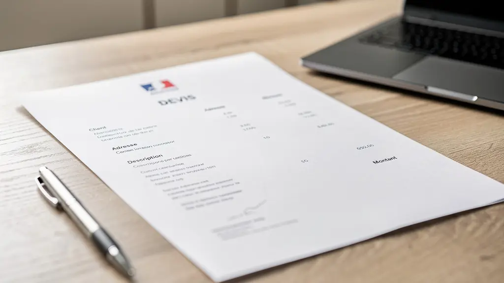 Document de devis posé sur une table de cuisine avec stylo