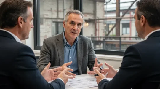 Gérant PME analysant ses factures de gaz professionnel avec un collaborateur