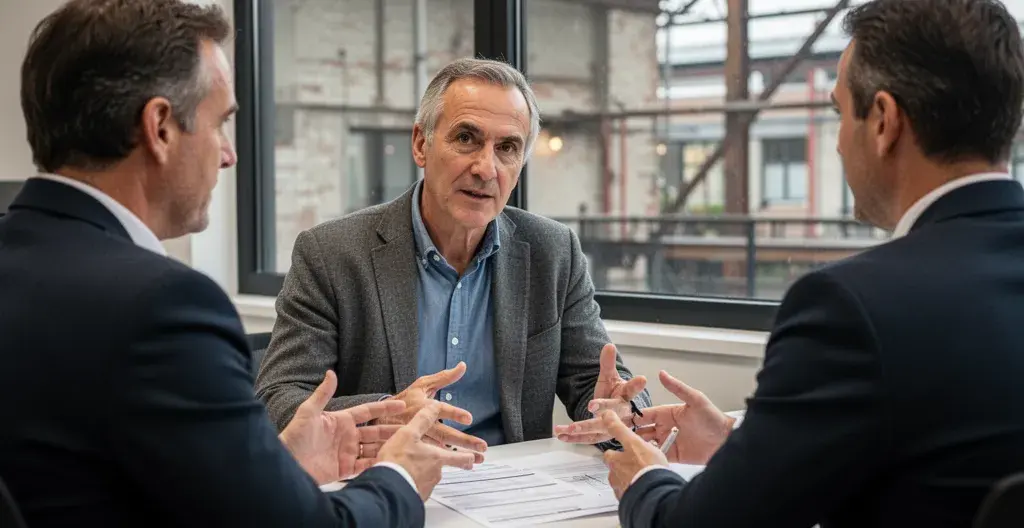 Gérant PME analysant ses factures de gaz professionnel avec un collaborateur