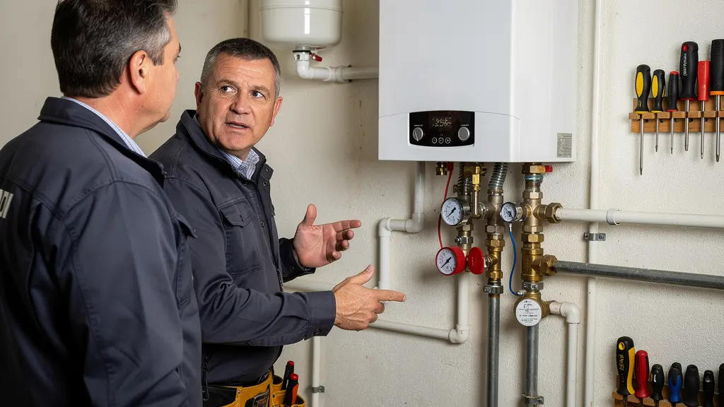 Propriétaire et chauffagiste en discussion devant une chaudière à Cholet
