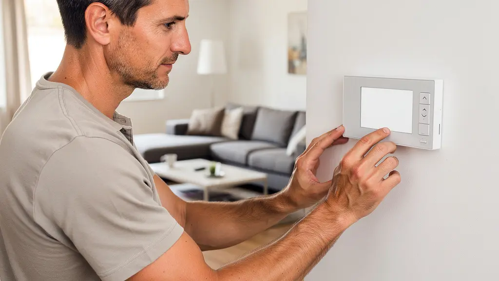Technicien chauffagiste réglant un thermostat dans un salon moderne