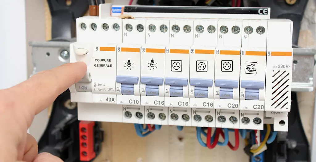 Main coupant le disjoncteur principal sur un tableau électrique français