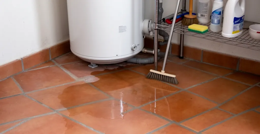 Chauffe-eau électrique avec flaque d'eau visible au sol dans un local technique