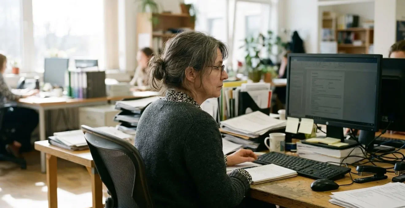 Une femme concentrée regarde un document sur son écran dans un bureau d'entreprise aux murs blancs, lumière naturelle de fenêtre