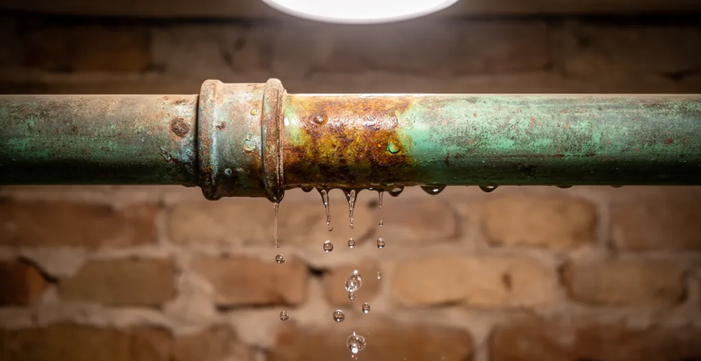 Gouttes d'eau s'échappant d'une canalisation en cuivre dans un local technique