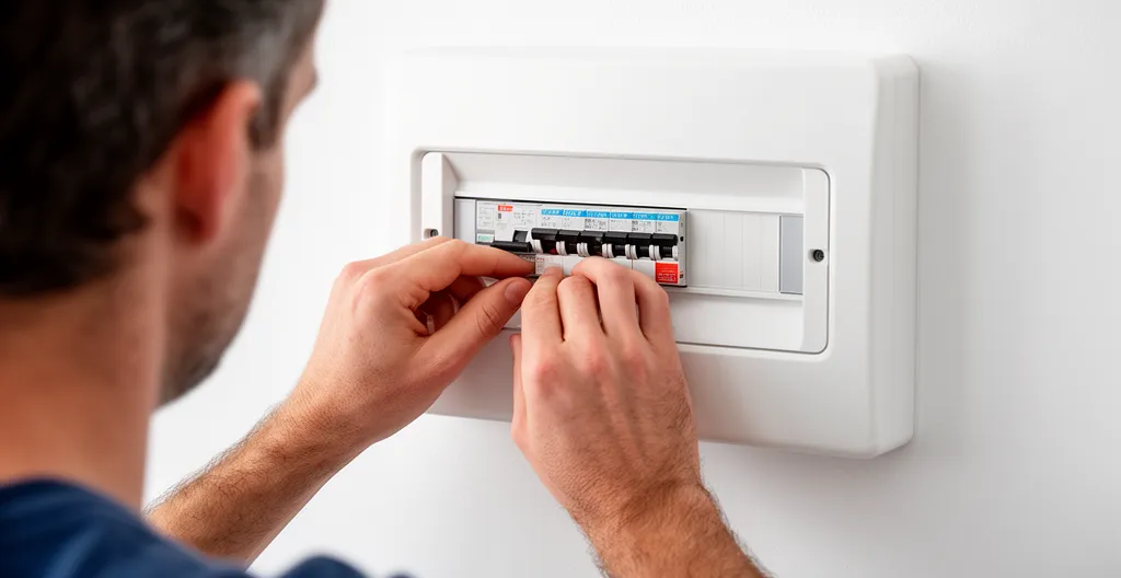 Main coupant le disjoncteur principal sur un tableau électrique français