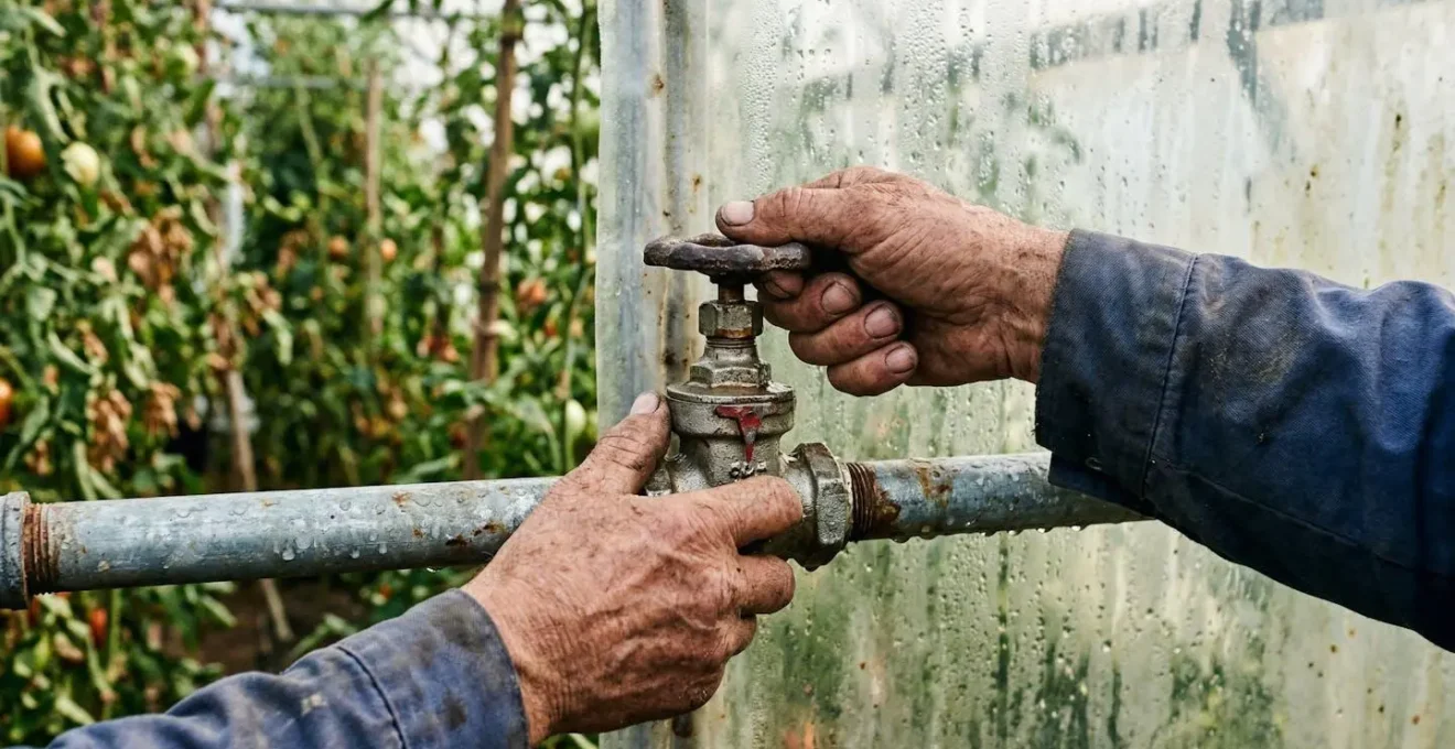Des mains calleuses tournent une vanne métallique dans une serre agricole avec des plants verts flous en arrière-plan