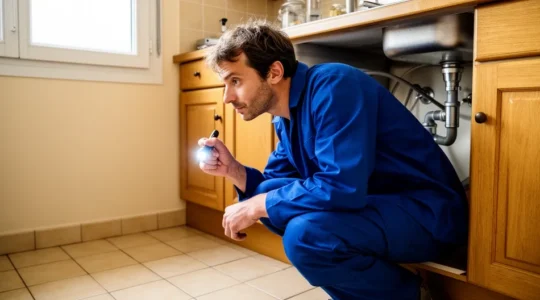 Plombier professionnel inspectant une canalisation sous un évier de cuisine à Reims