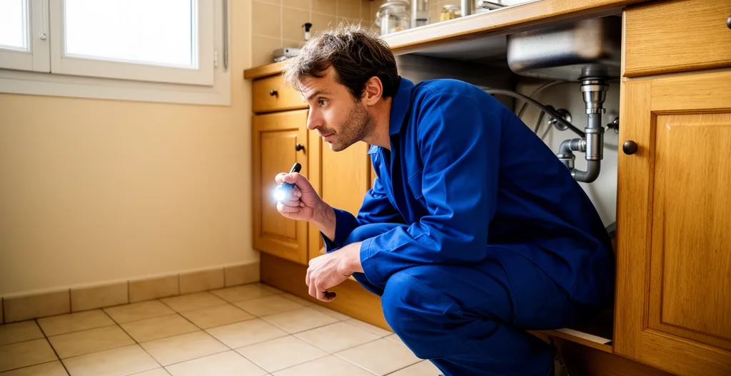 Plombier professionnel inspectant une canalisation sous un évier de cuisine à Reims