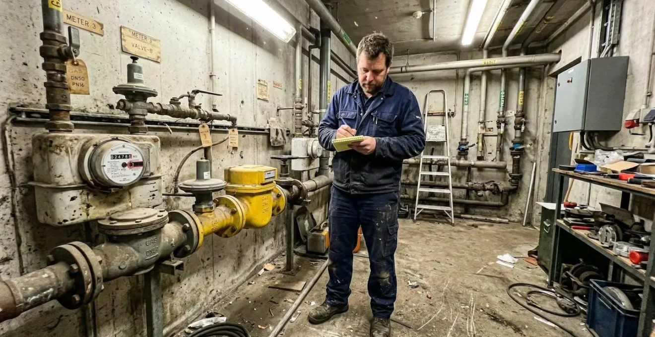 Un technicien en bleu de travail note des relevés sur un carnet devant un compteur gaz dans un local technique industriel