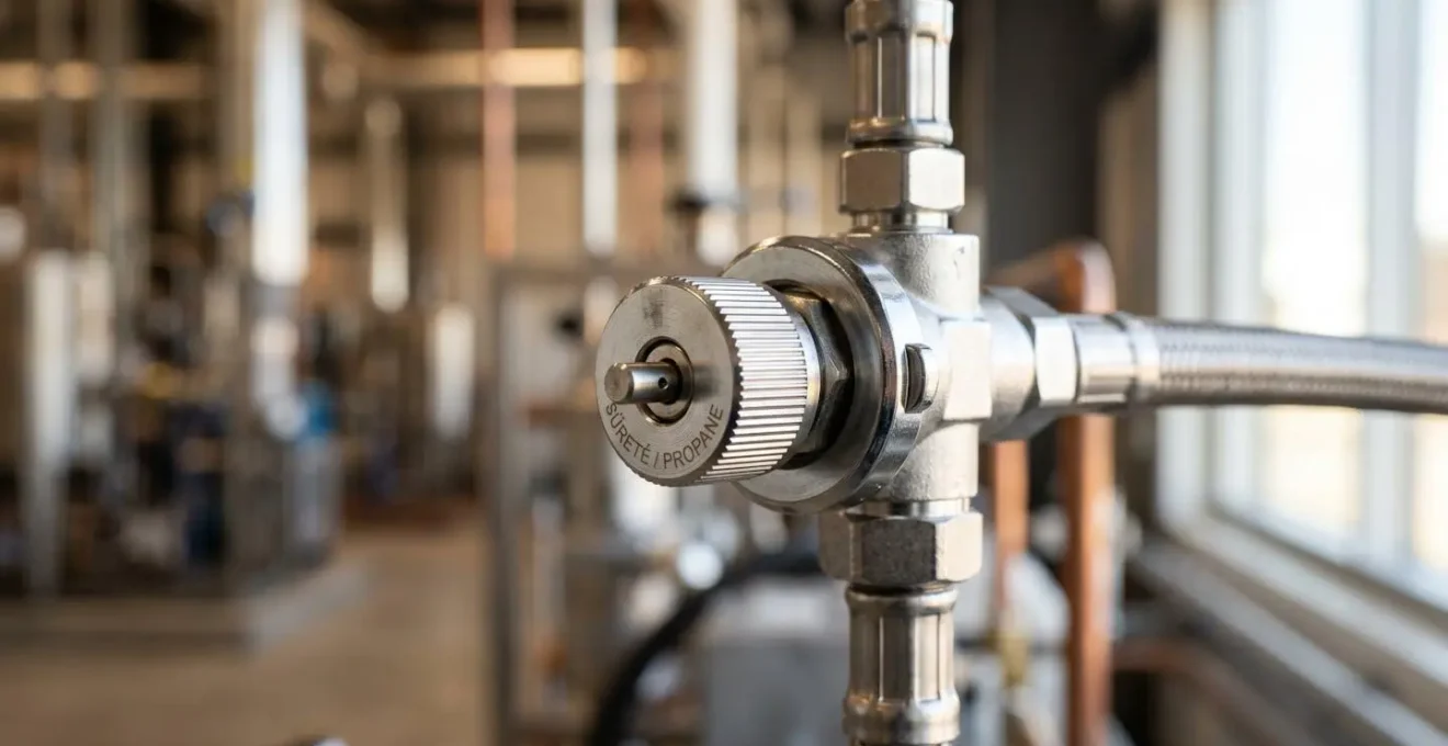 Gros plan détaillé sur une vanne de sécurité en métal chromé d'un équipement de gaz propane avec un arrière-plan flou montrant un environnement industriel lumineux