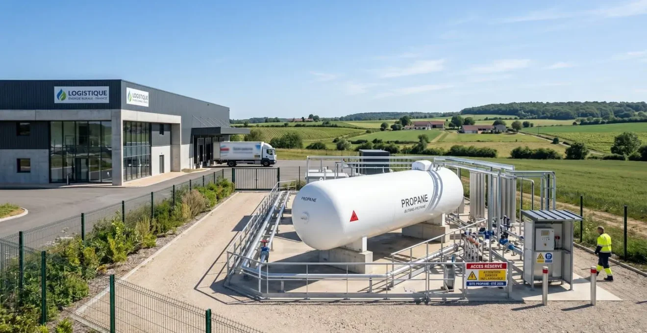 Une installation industrielle moderne en zone rurale avec une grande citerne de propane blanche au premier plan et un bâtiment professionnel en arrière-plan sous un ciel dégagé