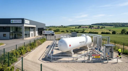 Une installation industrielle moderne en zone rurale avec une grande citerne de propane blanche au premier plan et un bâtiment professionnel en arrière-plan sous un ciel dégagé