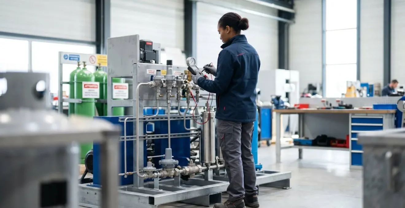 Un technicien professionnel vu de dos en vêtements de travail contemporains effectue une vérification sur un équipement de gaz propane dans un environnement industriel propre et lumineux