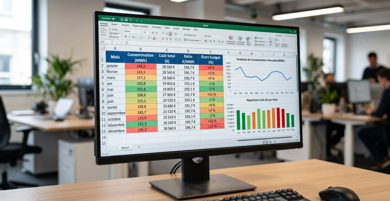 Écran d'ordinateur affichant un tableau Excel de suivi énergétique mensuel avec colonnes consommation, coûts, ratios et graphique d'évolution annuelle