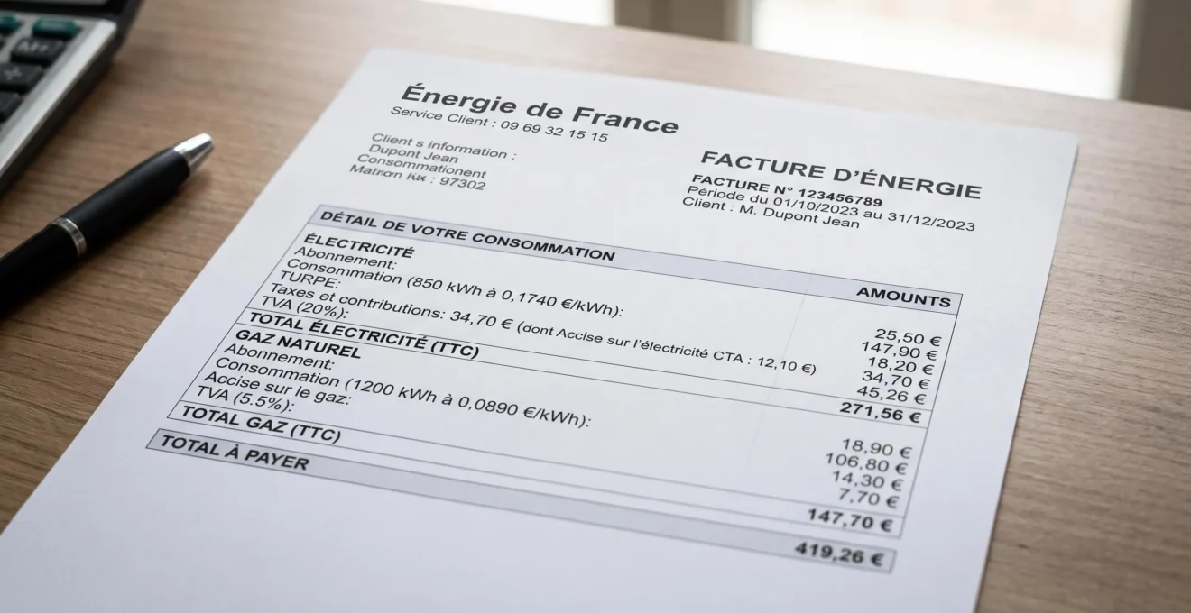 Gros plan sur une facture de gaz professionnelle française montrant le détail des lignes tarifaires : abonnement, consommation, TURPE, accises et TVA