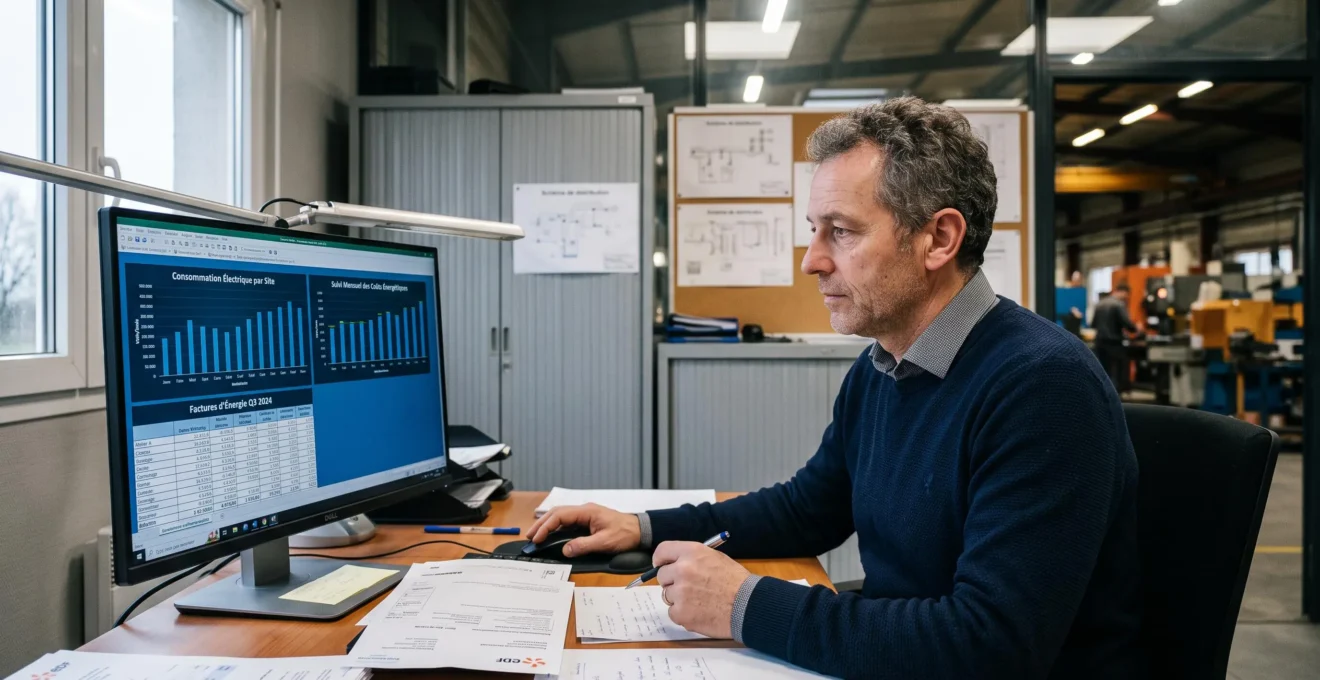 Responsable financier analysant des données de consommation énergétique et graphiques de suivi budgétaire sur écran d'ordinateur dans un bureau professionnel industriel