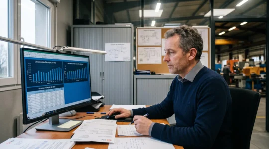 Responsable financier analysant des données de consommation énergétique et graphiques de suivi budgétaire sur écran d'ordinateur dans un bureau professionnel industriel