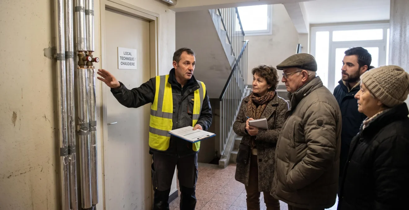 Un expert présente des travaux d'efficacité énergétique à des copropriétaires dans une hall d'immeuble.