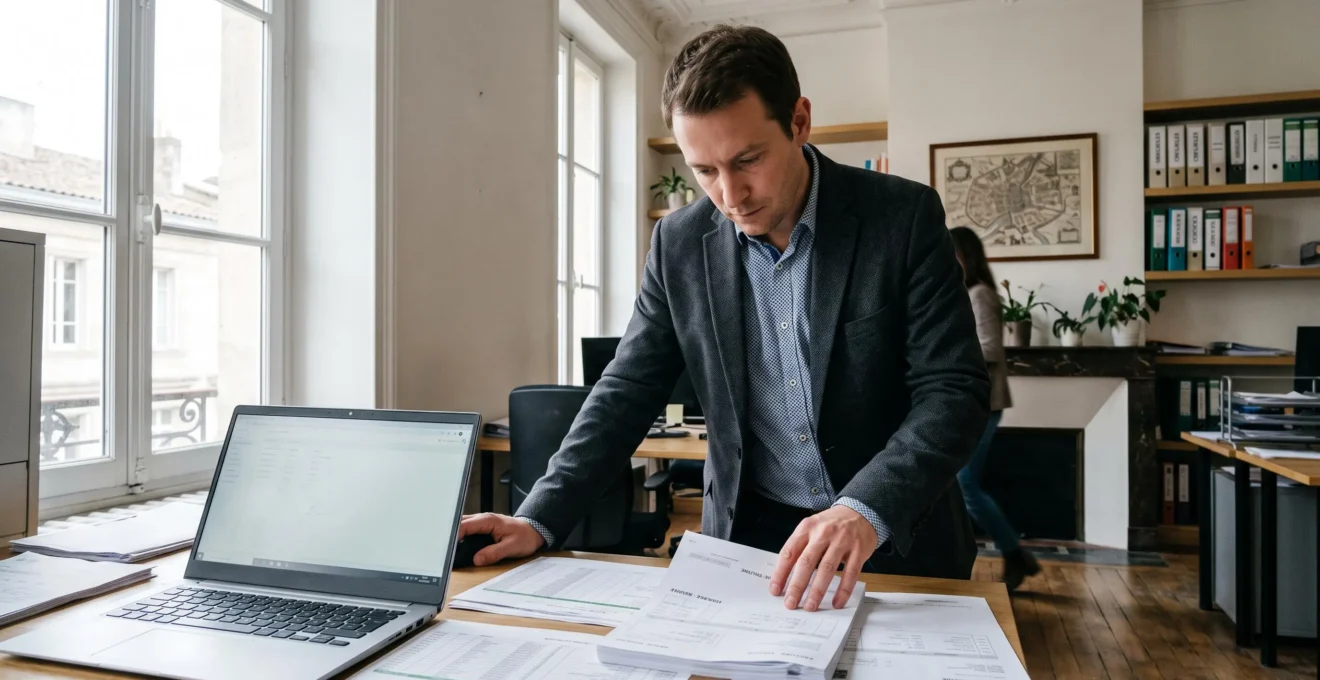 Un gestionnaire examine une facture d'énergie devant son ordinateur portable au bureau.
