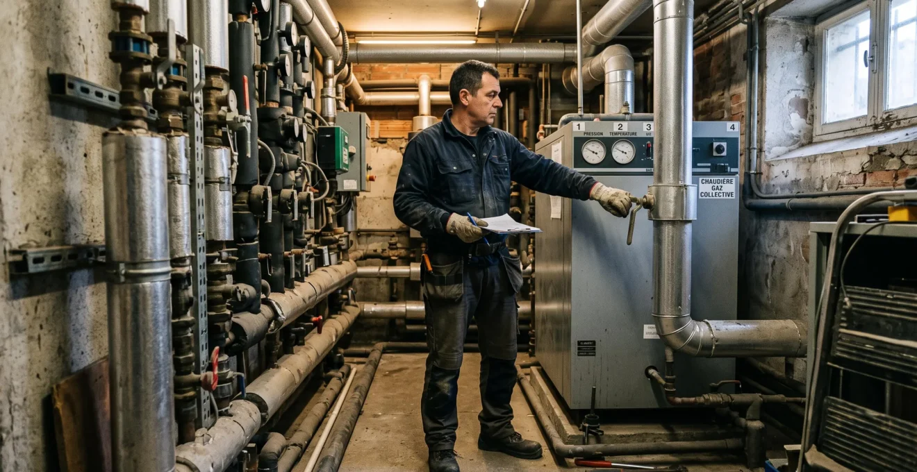 Un technicien inspecte une chaufferie gaz collective dans un immeuble résidentiel français.