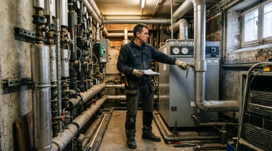 Un technicien inspecte une chaufferie gaz collective dans un immeuble résidentiel français.